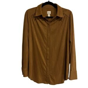Chico's Blouse Long Sleeve Faux Suede Button Down Shirt Brown Tan Size 1 Medium